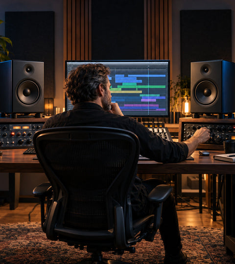 Audio engineer comparing studio monitors in a professional home recording studio